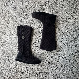 Ugg Boots Lattice Cardy Knit Womens 6 Black Slip On Fold Over Button 3066 Fur